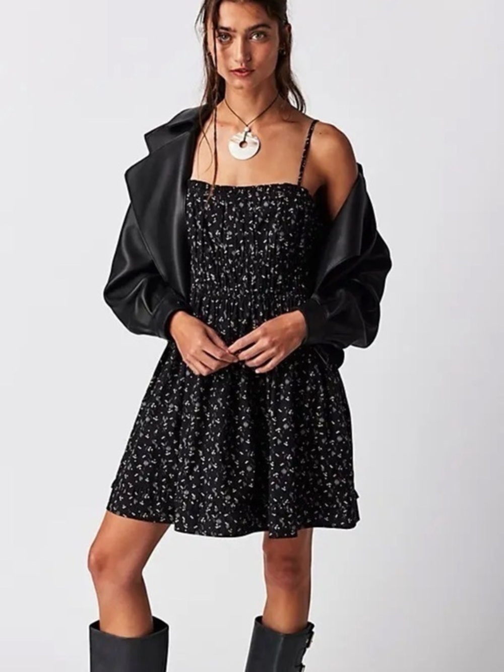 Free People Gabby Mini Dress Black Floral Smocked Cotton Cottagecore Size S Boho